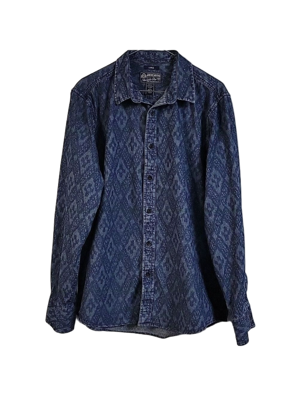 American Rag Men's Demin Patterned Long-Sleeved Button-Down Blue Shirt, Sz L